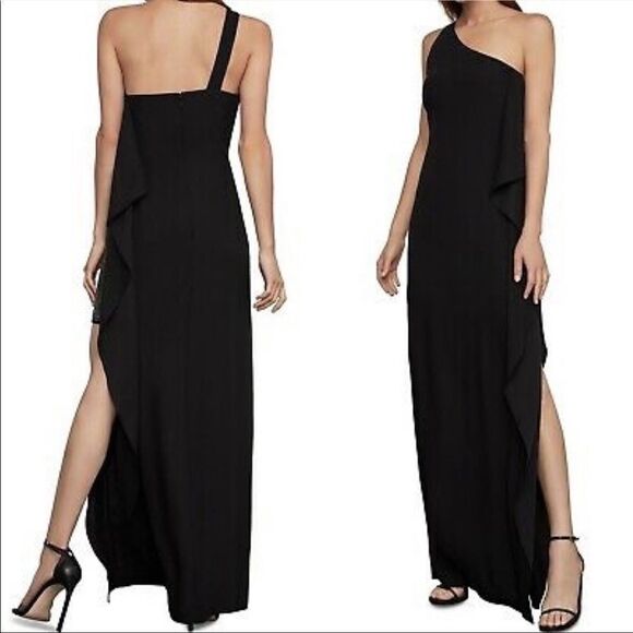 BCBGMaxAzria One-Shoulder Ruffle Glitter Panel Evening Gown Maxi Dress Black 0 - Picture 6 of 13